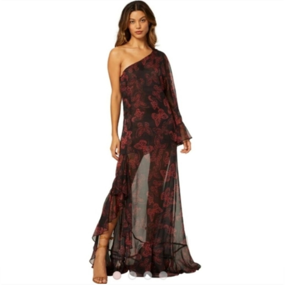 Misa Los Angeles Gaia Butterfly One Shoulder Maxi Dress Sz S Asymmetric Printed